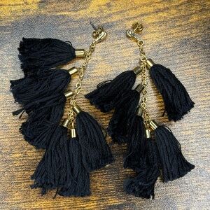 ettika Black Tassel Drop Earrings with Gold Chains